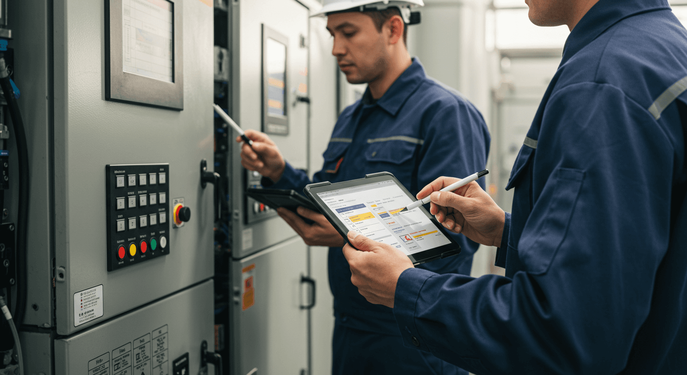 Dois trabalhadores com tablet na mão